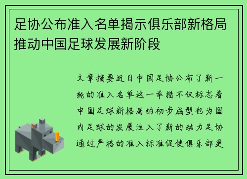 足协公布准入名单揭示俱乐部新格局推动中国足球发展新阶段